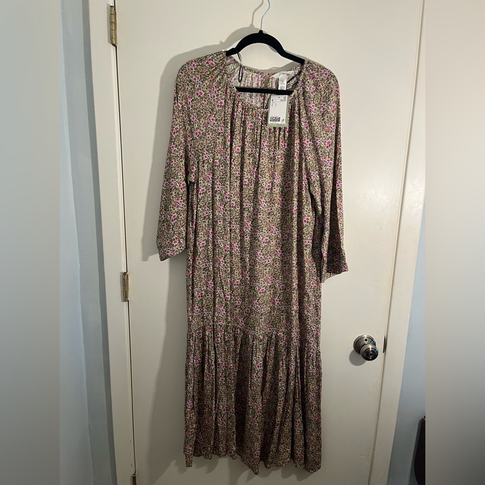 H&M Beige Floral Midi Dress with Pink Accents